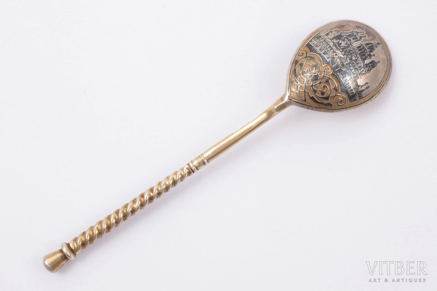 teaspoon, silver, 84 standard, 24.98 g, niello enamel, gilding, 13.3 cm, P. Milyukov workshop, 1879, Moscow, Russia