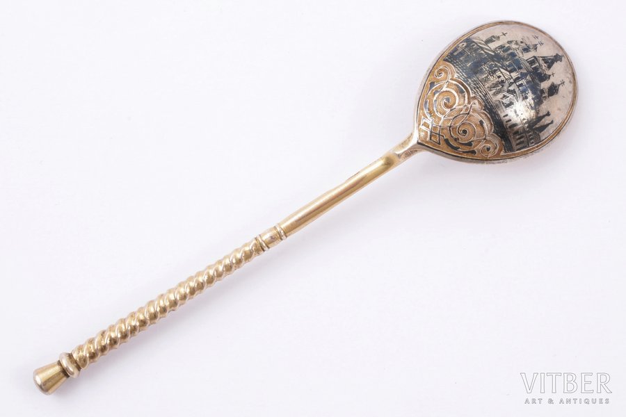 teaspoon, silver, 84 standard, 23.61 g, niello enamel, gilding, 13.3 cm, 1872-1881, Moscow, Russia