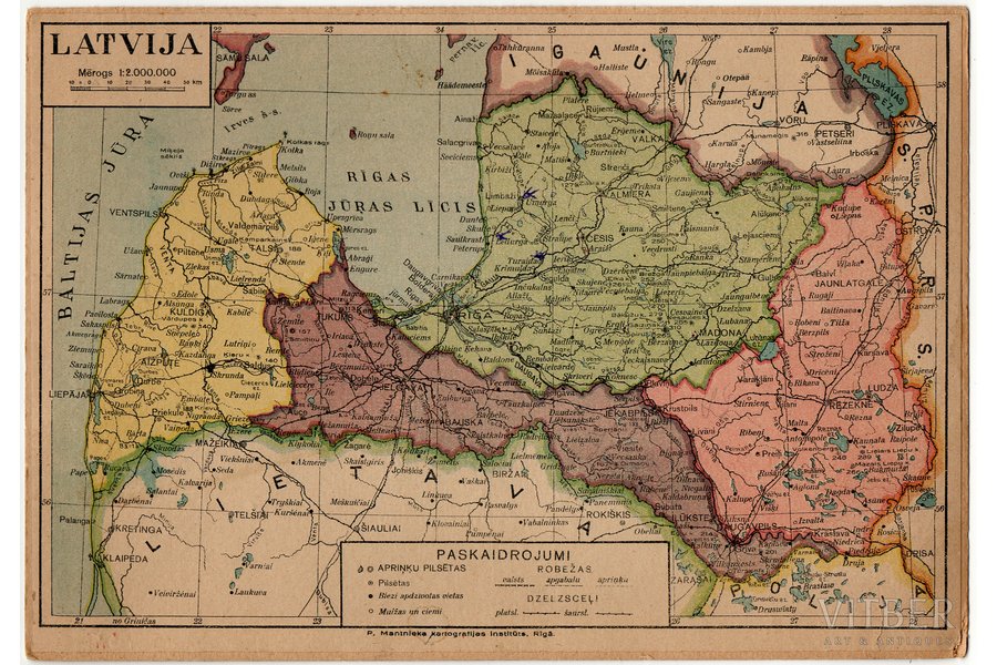 karte, uz kartona, Latvijas karte, P.Mantinieka kartogrāfijas institūta izdevums, Latvija, 20. gs. 30tie g., 17.5 х 25 cm