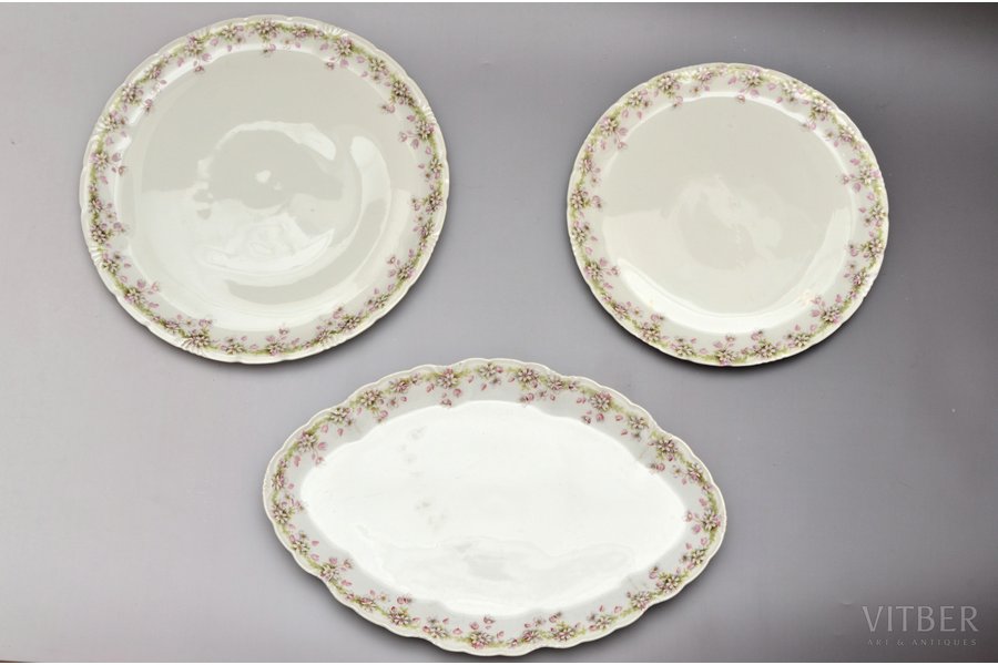 set, 3 large plates, porcelain, J.K. Jessen manufactory, Riga (Latvia), 1933-1935, 43.6 x 28.3 / Ø 36.6 / Ø 31.8 cm, second grade