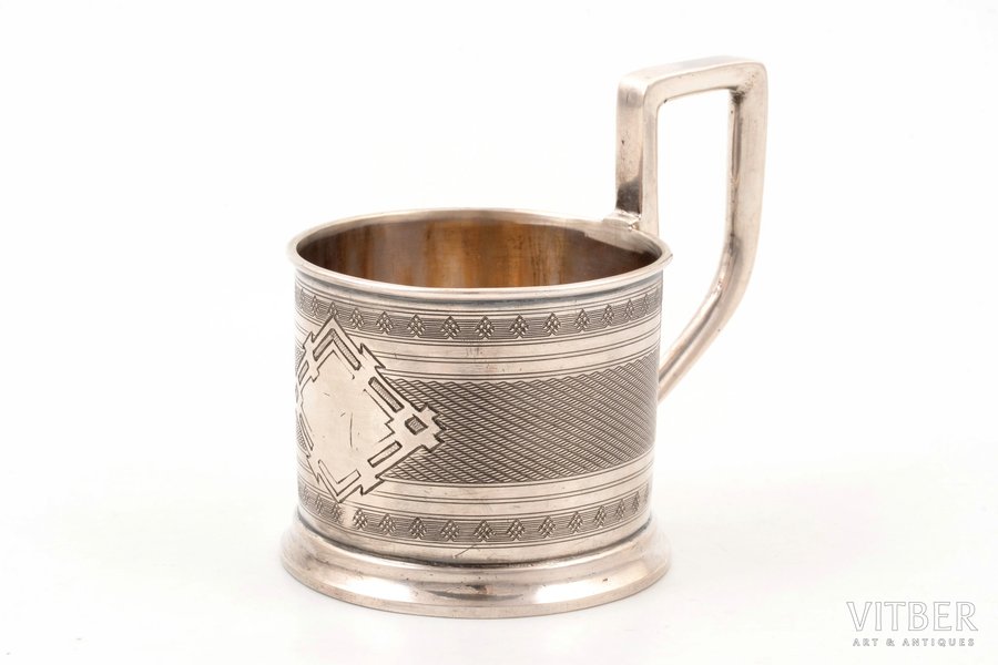 miniature tea glass-holder, silver, 84 standard, 61.95 g, engraving, h (with handle) 7 cm, Ø (inside) 5.2 cm, 1878, Russia