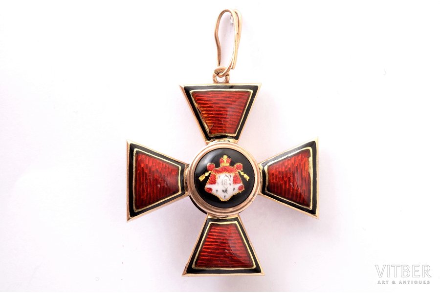 Order of Saint Vladimir, 4th class, gold, enamel, 56 standard, Russia, 1880-1890, 43 x 40 mm, 10.60 g, scaly enamel chips