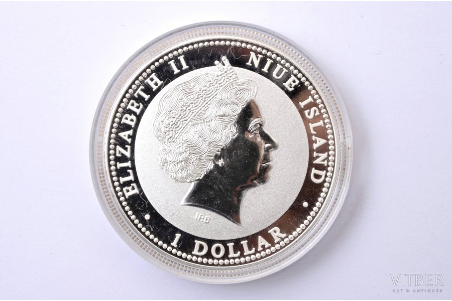 1 dolārs, 2008 g., Elizabete II, Žurkas gads, sudrabs, 999 prove, Niue, 31.1 g, Ø 45 mm, Proof