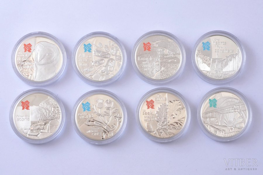 a set of 8 coins, 5 pounds, 2009-2010, Elizabeth II, Olympics, silver, 925 standard, Great Britain, 28.28 g, Ø 38.6 mm, Proof