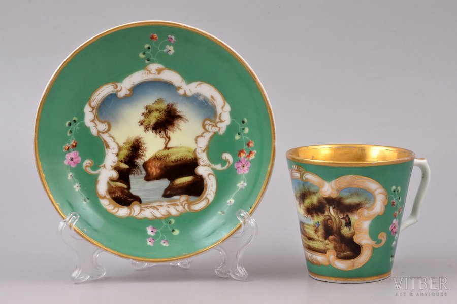 tea pair, "The picturesque institution of Vasily Krasnoshchekov", porcelain, hand-painted, Russia, the end of the 19th century, Ø (saucers) 13.7 cm / h (cup) 7.1 cm, glued cup handle, chip and hairline crack on the saucer