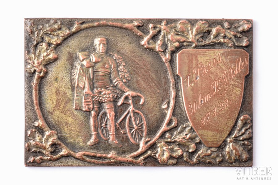 apbalvojums, velobraukšana, 30 km, 1. vieta, bronza, 1922 g., 55.8 x 85 mm