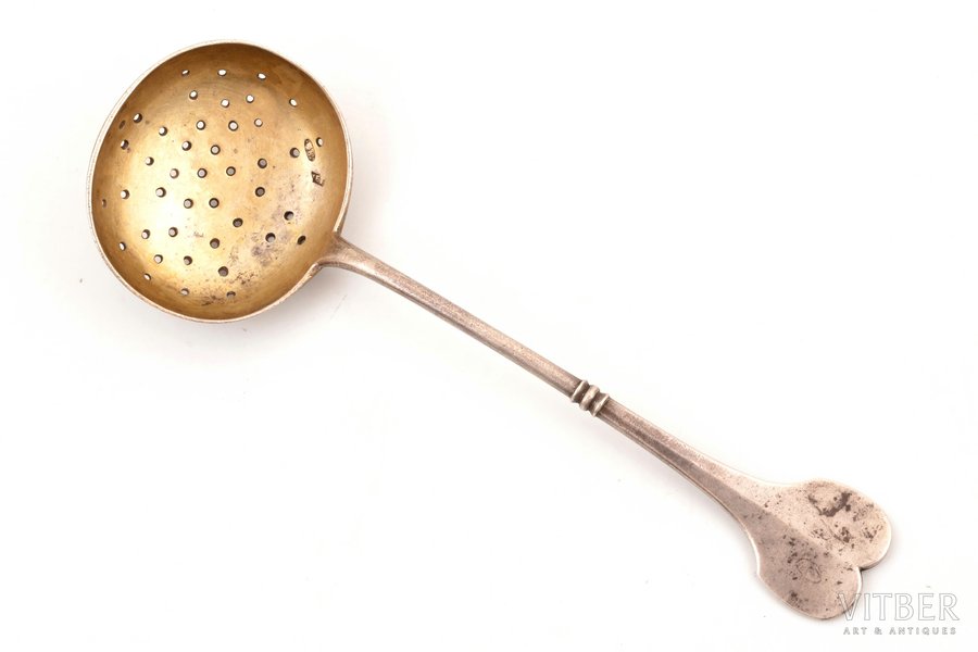 sieve spoon, silver, 84 standard, 39 g, gilding, 15 cm, 1908-1917, Moscow, Russia