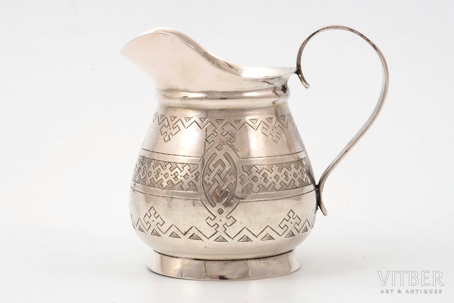 cream jug, silver, 84 standard, 78.2 g, engraving, h 8 cm, Vasily Efimovich Baladanov's factory, 1879?, Moscow, Russia