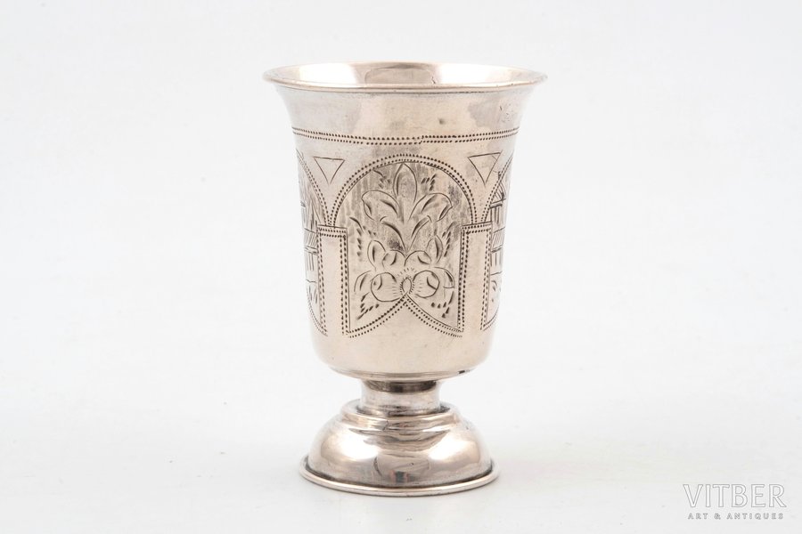 little glass, silver, 84, 875 standard, 27 g, engraving, 6.7 cm, by Israel Eseevich Zakhoder, 1891, Moscow, Russia