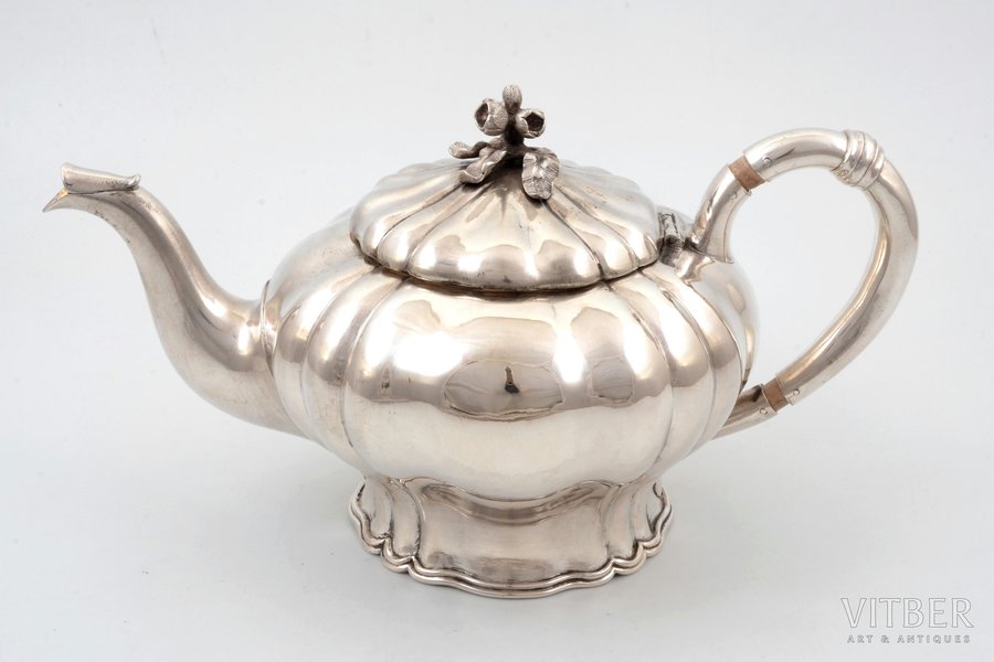 teapot, silver, 84 standard, 764.5 g, gilding, h 14 cm, by Nordberg Joseph, 1859, St. Petersburg, Russia, missing bone rings on the handle