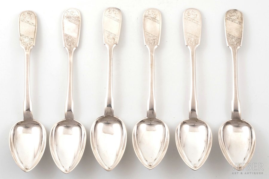 set of 6 soup spoons, silver, 84, 875 standard, total weight of items 430.3 g, 22.3 cm, 1874, Riga, Russia