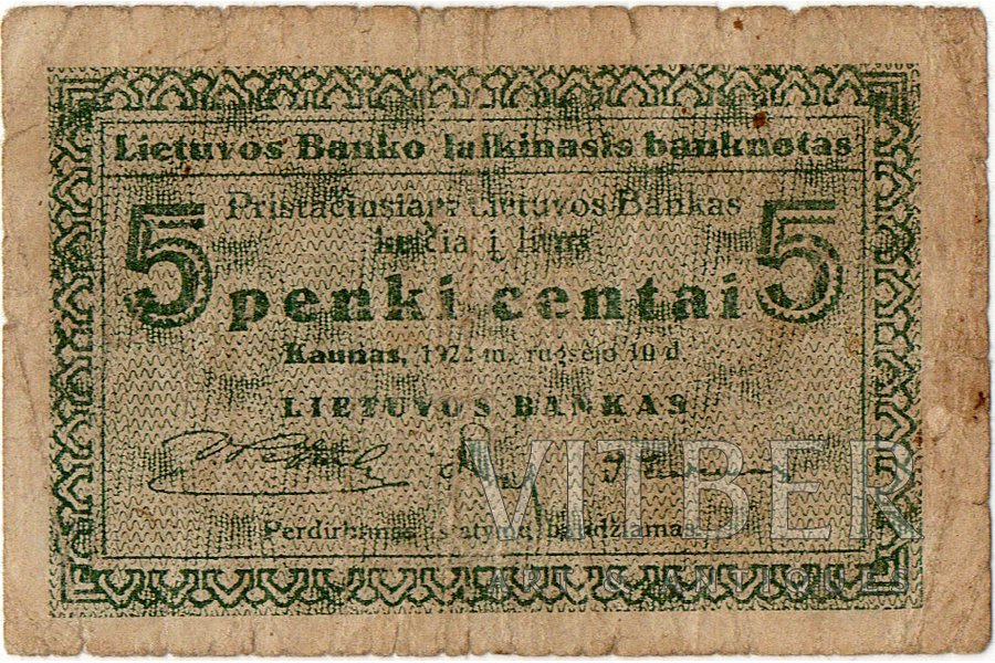 5 centi, banknote, 1922 g., Lietuva, F