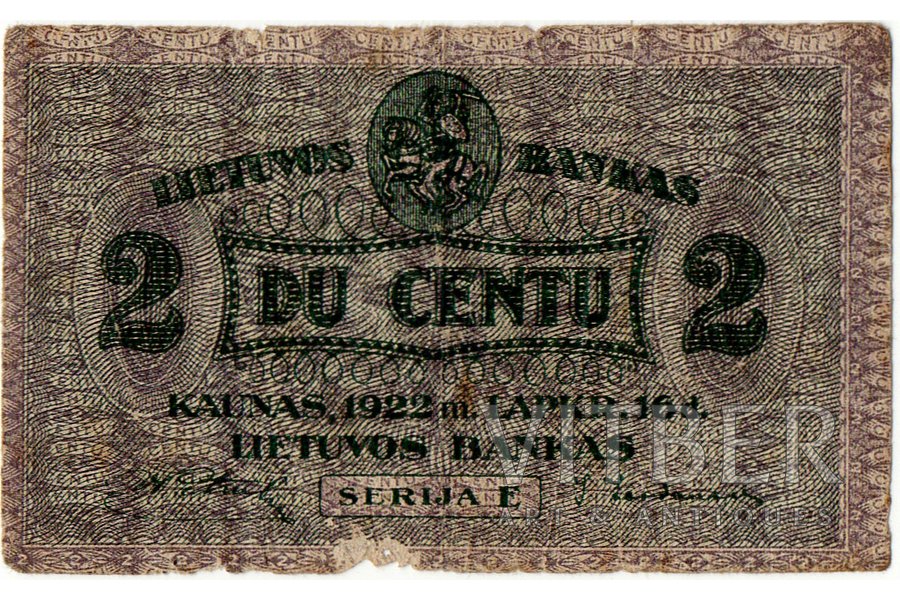 2 centi, banknote, Kauņa, 1922 g., Lietuva, VG