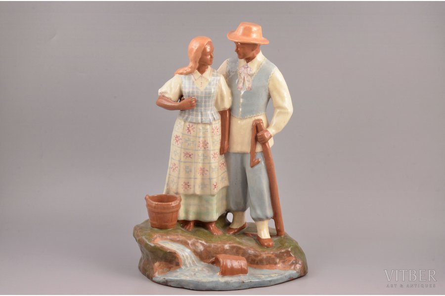 figurine, Couple with buckets, ceramics, Lithuania, USSR, Kaunas industrial complex "Daile", the 50-60ies of 20th cent., 31 cm