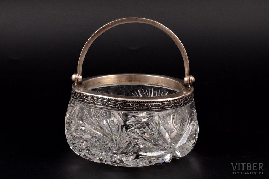 candy-bowl, silver, 875 standard, cut-glass (crystal), Ø 13.3 cm, h (with handle) 13.5 cm, the 30ties of 20th cent., Latvia, small chips - traces of everyday use