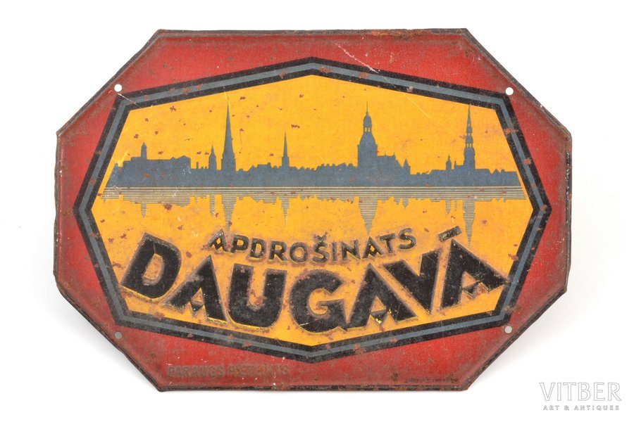 plāksnīte, apdrošināšanas sabiedrība, "Apdrošināts Daugavā", metāls, Latvija, 20 gs. 20-30tie gadi, 15 x 21.2 cm