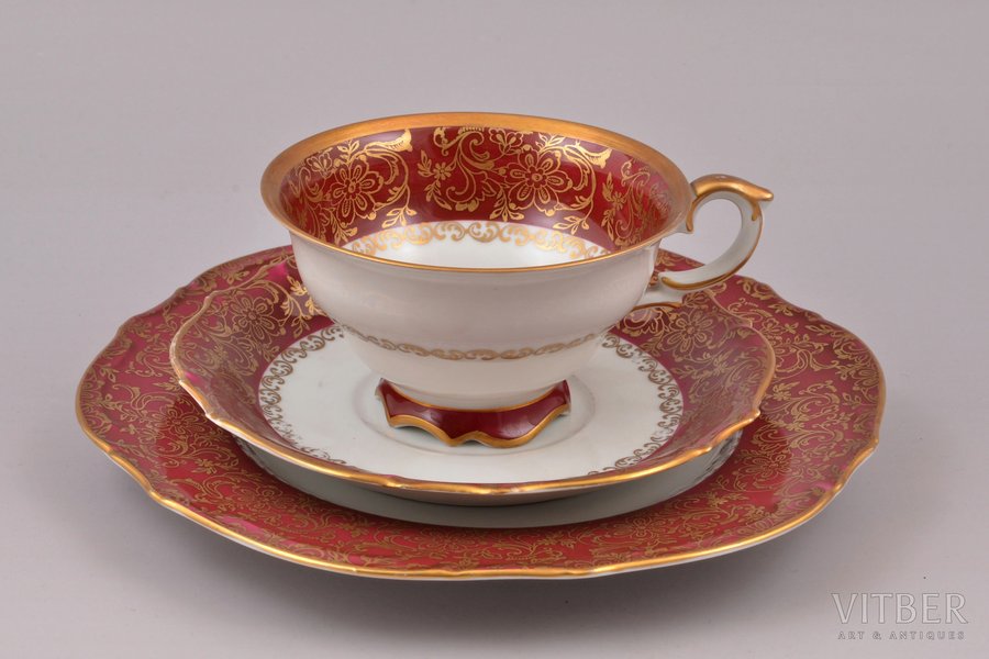 tea trio, porcelain, M.S. Kuznetsov manufactory, Riga (Latvia), 1937-1940, Ø (saucers) 20.6 / 15.4 cm, h (cup) 6 cm, spider hairline crack on the bottom of smallest saucer, small chip on the base of cup