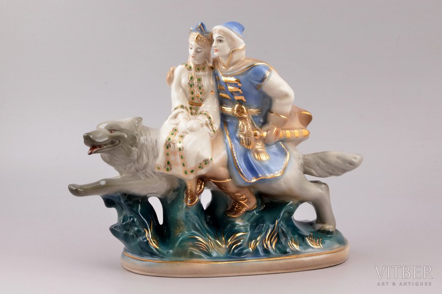 figurine, Ivan Tsarevich and Elena the Beautiful on the Grey Wolf, porcelain, USSR, Gzhel, h 21.2 cm, first grade