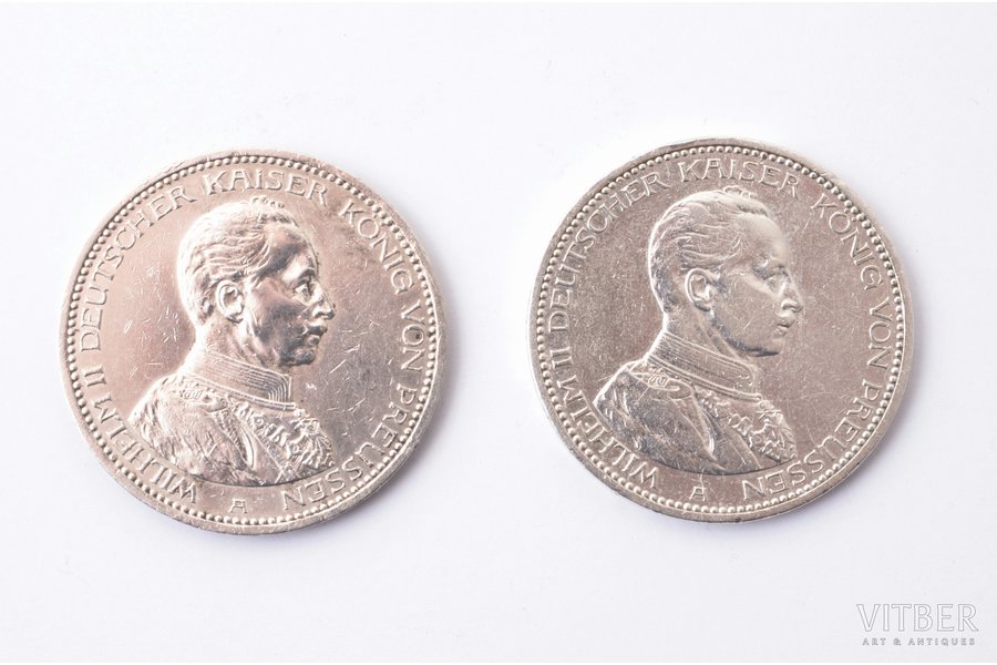 2 monētu komplekts: 5 markas, 1913-1914 g., sudrabs, Vācija