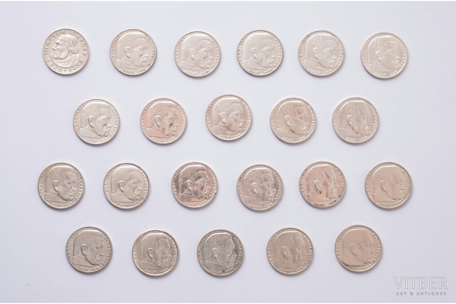 22 monētu komplekts: 2 markas, 1933-1939 g., sudrabs, Vācija