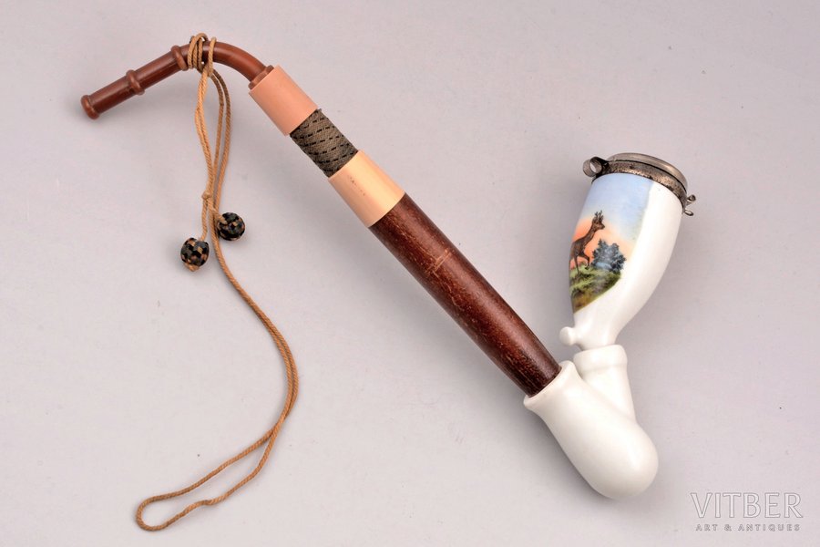 pipe, with painting "Roe", porcelain, wood, metal, Germany, the border of the 19th and the 20th centuries, 22 cm