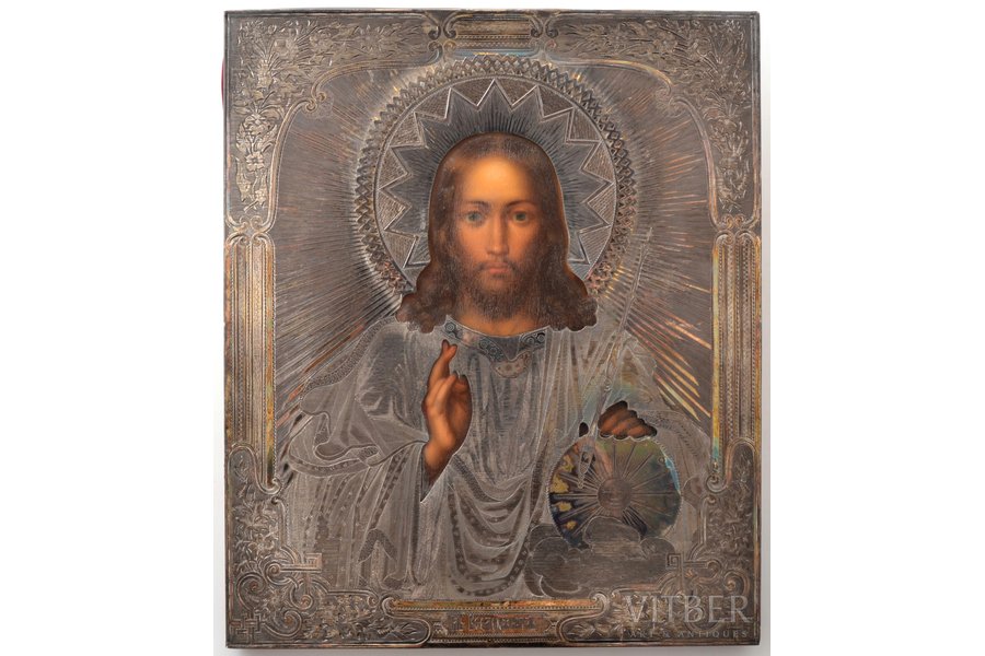 icon, Jesus Christ Pantocrator, board, painting, silver oklad, oklad weight 313.70 g, 84 standard, Moscow, Russia, 1867, 31.2 x 26.2 x 2.3 cm