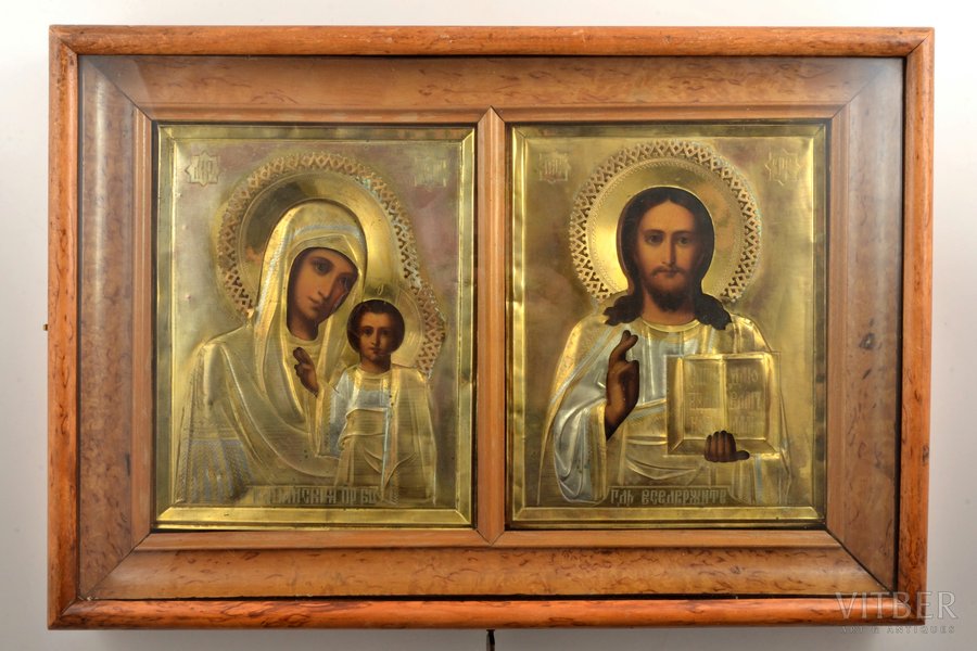 wedding icon pair, Jesus Christ Pantocrator, Kazan icon of the Mother of God, in icon case, board, painting, metal, Karelian birch, Russia, 22.2 x 17.6 x 2.1 cm, icon case 31 x 45.2 x 6.4 cm