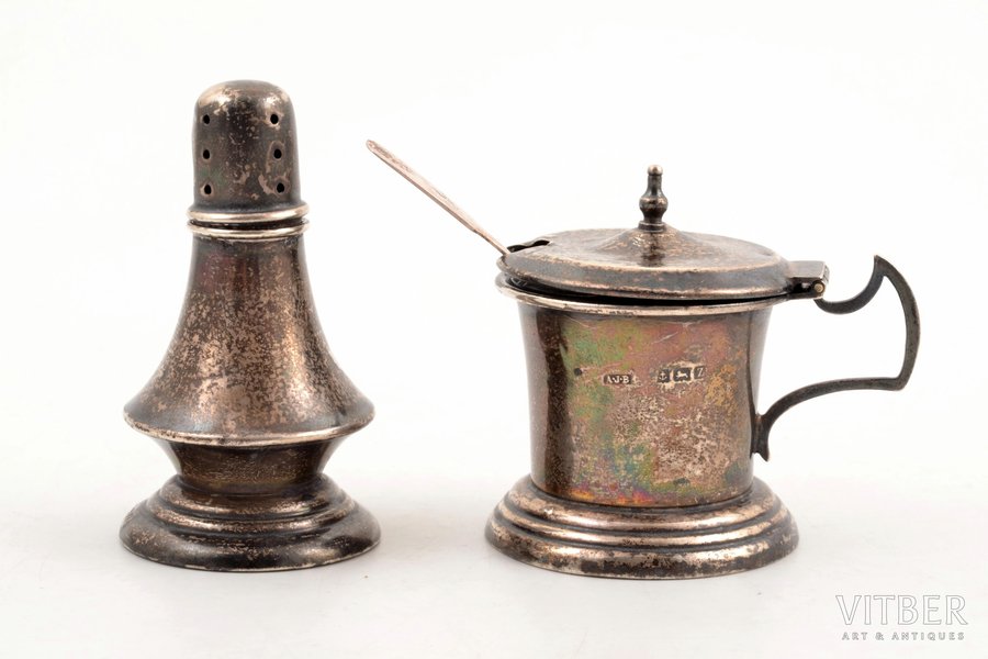 set for spices, silver, 830, 925 standard, total weight of silver 42.55 g, with glass inserts, h (saltcellar) 7 сm, mustard pot 4.4 x 6 x 5.4 сm, spoon 7 cm, 1924, Birmingham, Great Britain, Finland