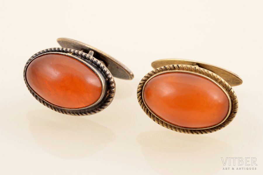 cufflinks, silver, amber, 875 standard, total weight of items 11.72 g., the item's dimensions 2.15 x 1.4 cm, the 50-60ies of 20th cent., workshop Rigas Gravieris, Riga, Latvia, USSR