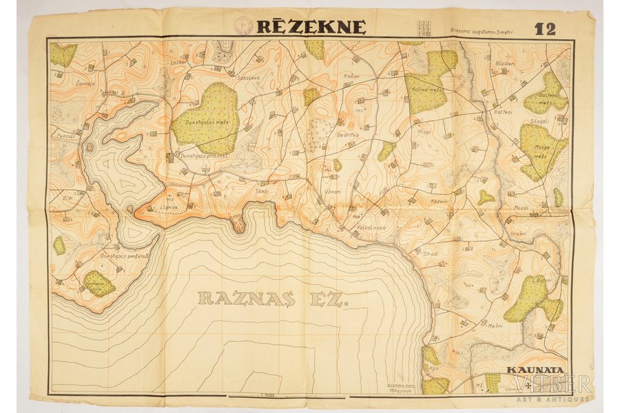 karte, Rēzekne, Nr. 12, Virsnieku kursi, Latvija, 1932 g., 69.4 x 98.5 cm, vietām ieplēsts, papīra bojājumi