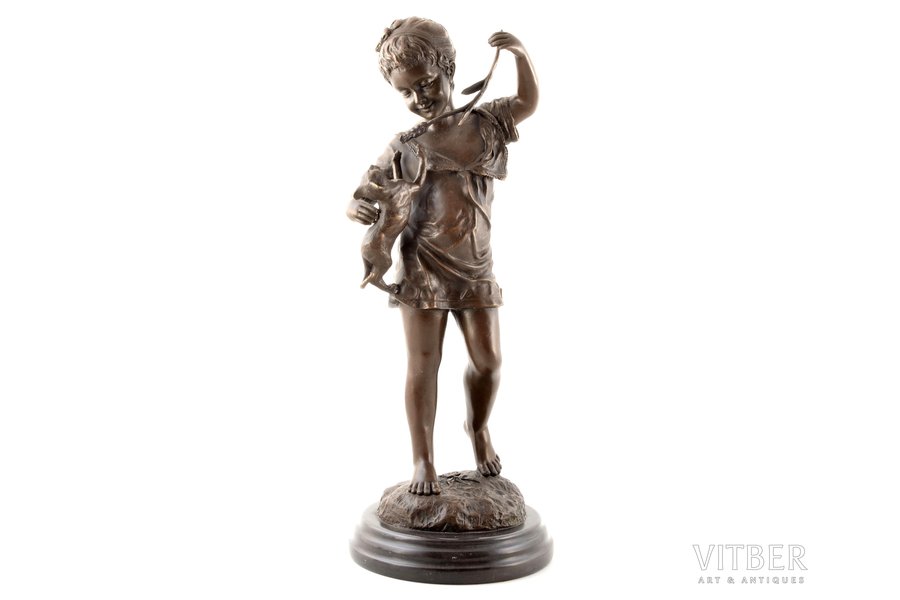 figurine, "Girl with cat", signed Laporte, bronze, marble, h 39 cm, weight 4150 g., France, beginning of 21st cent.