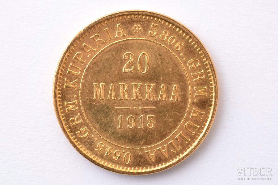 Финляндия, 20 марок, 1913 г., "Николай II", золото, 900 проба, 6.4516 г, вес чистого золота 5.80644 г, KM# 9, Schön# 9, фактический вес 6.46 г