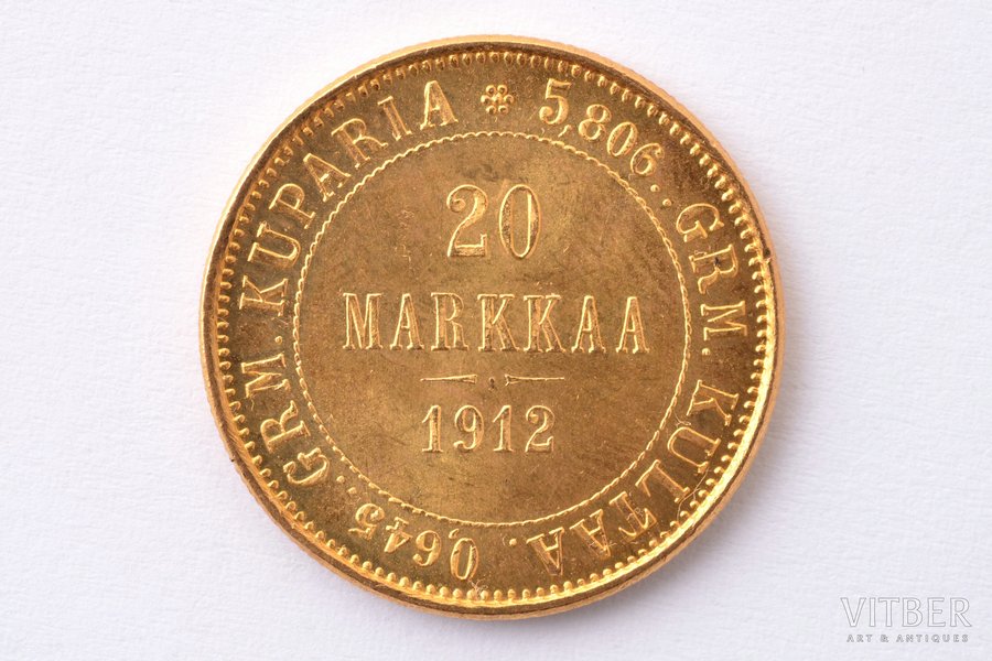 Somija, 20 markas, 1912 g., "Nikolajs II", zelts, 900 prove, 6.4516 g, tīra zelta svars 5.80644 g, KM# 9, Schön# 9, faktiskais svars 6.46 g