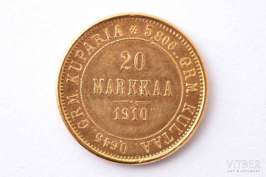 Somija, 20 markas, 1910 g., "Nikolajs II", zelts, 900 prove, 6.4516 g, tīra zelta svars 5.80644 g, KM# 9, Schön# 9, faktiskais svars 6.455 g