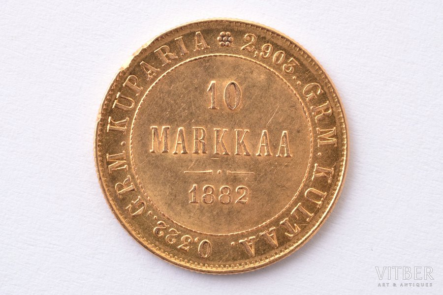 Финляндия, 10 марок, 1882 г., "Александр III", золото, 900 проба, 3.2258 г, вес чистого золота 2.90322 г, KM# 8, Schön# 8, фактический вес 3.225 г