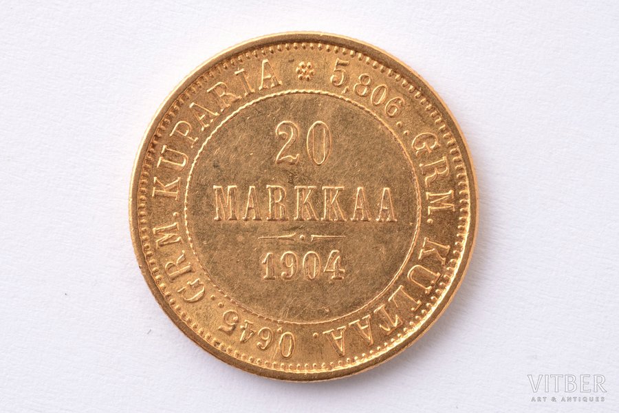 Somija, 20 markas, 1904 g., "Nikolajs II", zelts, 900 prove, 6.4516 g, tīra zelta svars 5.80644 g, KM# 9, Schön# 9, faktiskais svars 6.455 g