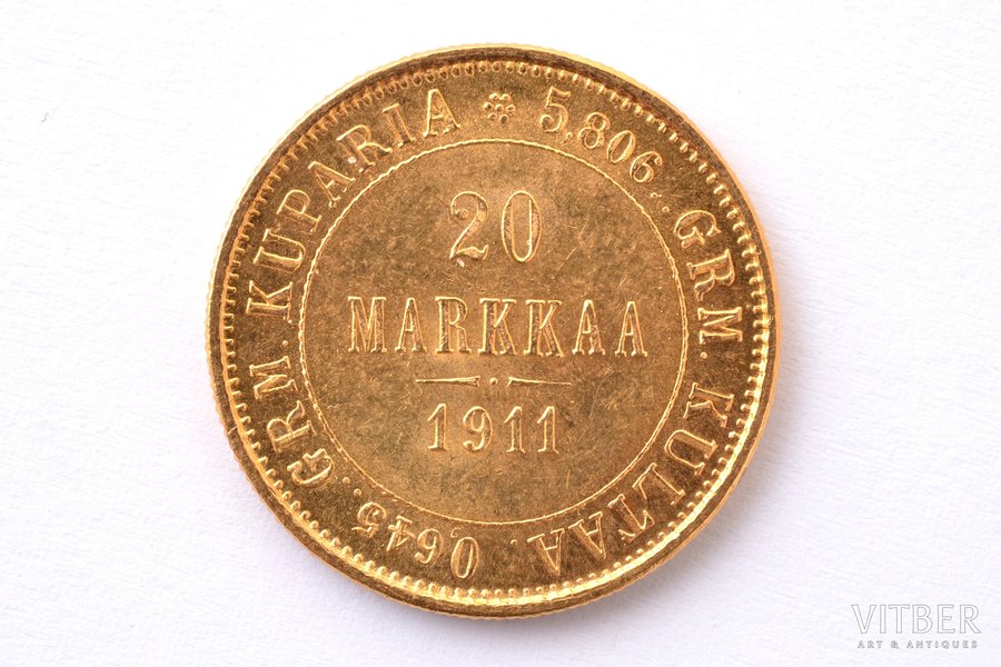 Somija, 20 markas, 1911 g., "Nikolajs II", zelts, 900 prove, 6.4516 g, tīra zelta svars 5.80644 g, KM# 9, Schön# 9, faktiskais svars 6.465 g