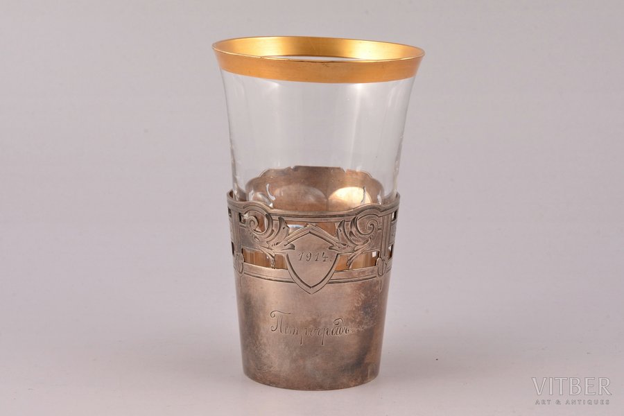 glāzes turētājs ar oriģinālo glāzi, sudrabs, 84, 875 prove, sudraba svars 65.8 g, stikls, h 6 / 10.4 cm, 1908-1917 g., Maskava, Krievijas impērija