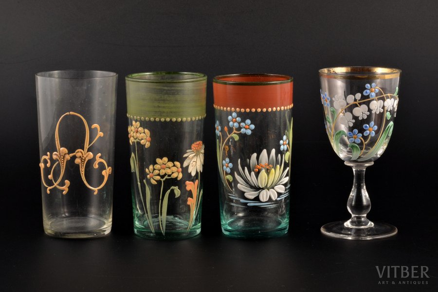 a set of 3 goblets and glass, enamel painted glass, Russia, the border of the 19th and the 20th centuries, 11 - 11.5 cm