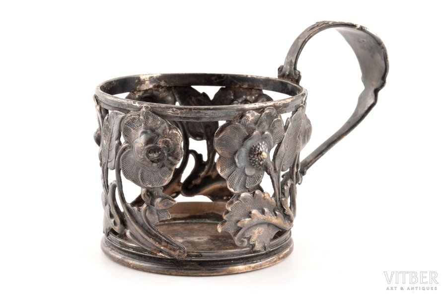 tea glass-holder, Br. Henneberg, Warszawa, silver plated, metal, Russia, Congress Poland, the border of the 19th and the 20th centuries, Ø (inside) 7.1 cm, h (with handle) 7.8 сm