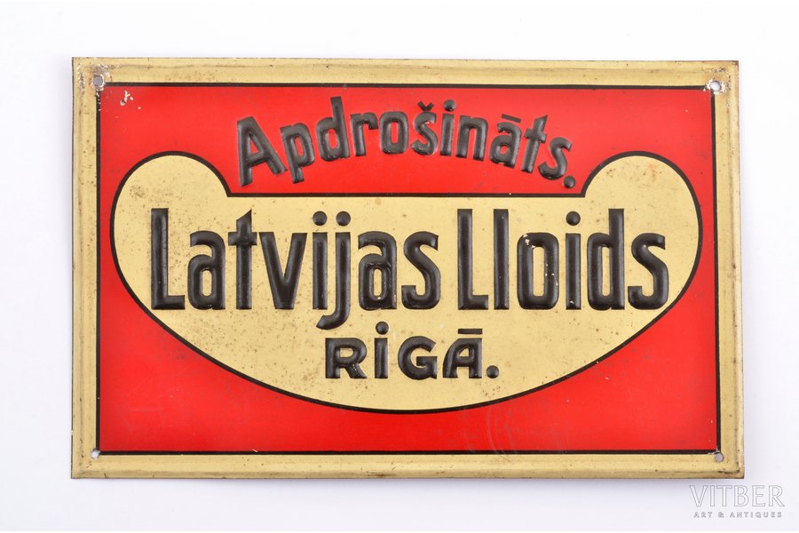 табличка, страховая компания, Latvijas Lloids, в Риге, металл, Латвия, 20-30е годы 20го века, 11 x 17.5 см