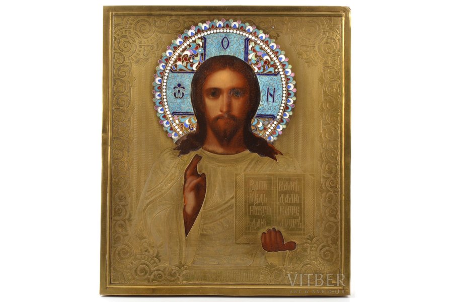ikona, Jēzus Kristus Pantokrators (Visavaldītājs), dēlis, gleznojums, starpsienu emalja, metāls, Krievijas impērija, 31.2 x 26.9 x 2.5 cm