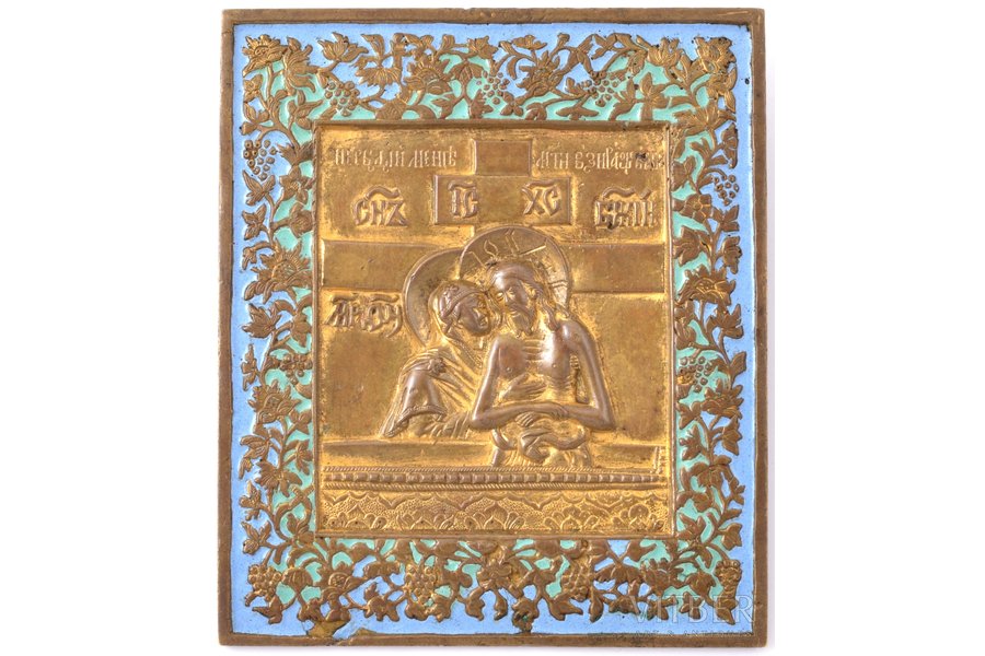 ikona, "Neraudi manis dēļ, māt", vara sakausējuma, zeltījums, 2-krāsu emalja, Maskava, Krievijas impērija, 19.gs. vidus, 11.6 x 9.9 x 0.4 cm, 305 g.