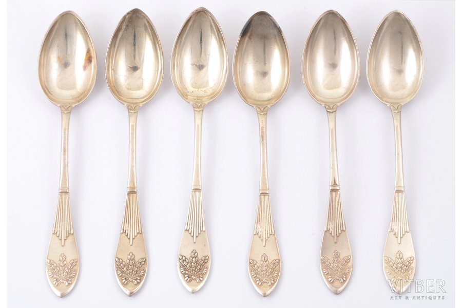 set of 6 dessert spoons, silver, 84 standard, total weight of items 324.7 g, 18 cm, Wladyslav Hempel, 1908-1917, Warsaw, Russia, Poland