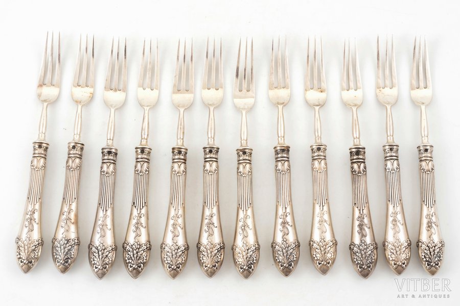 set of 12 dessert forks, silver, 84 standard, total weight of items 502.7 g, 16.5 cm, by Alexander Lyubavin, Wladyslav Hempel, 1908-1917, St. Petersburg, Warsaw, Russia, Poland