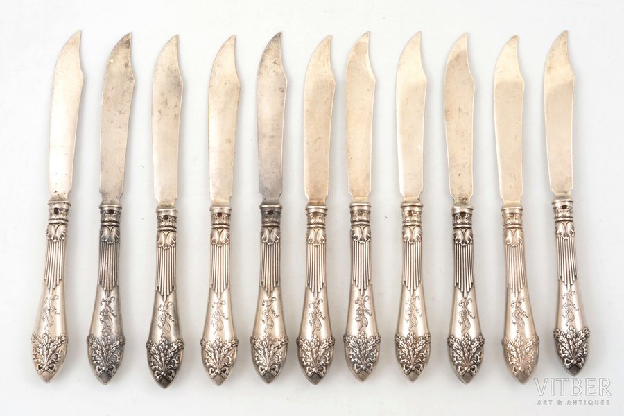 set of 11 dessert knives, silver, 84 standard, total weight of items 493.3 g, 18 cm, Wladyslav Hempel, by Alexander Lyubavin, 1908-1917, St. Petersburg, Warsaw, Russia, Poland