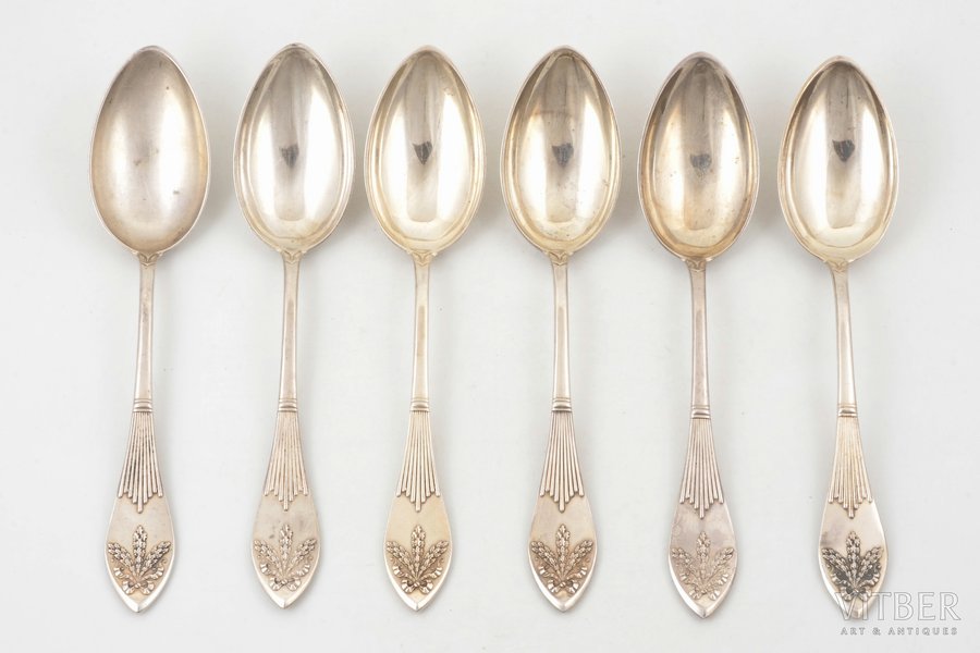 set of 6 soup spoons, silver, 84 standard, total weight of items 517.4 g, 21.3 cm, Wladyslav Hempel, 1908-1917, Warsaw, Russia, Poland