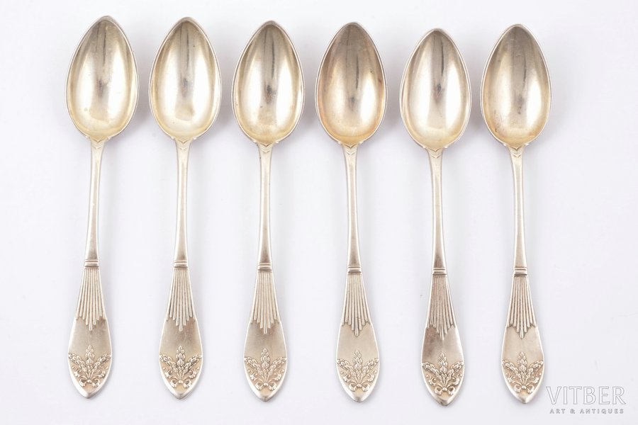 set of 6 teaspoons, silver, 84 standard, total weight of items 213.85 g, 15 cm, Wladyslav Hempel, 1908-1917, Warsaw, Russia, Poland