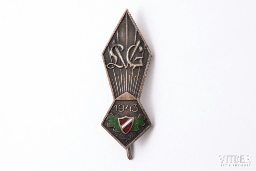badge, Liepāja(?) State Gymnasium, silver, Latvia, 1943, 41 x 14.5 mm, 4.75 g, shortened needle
