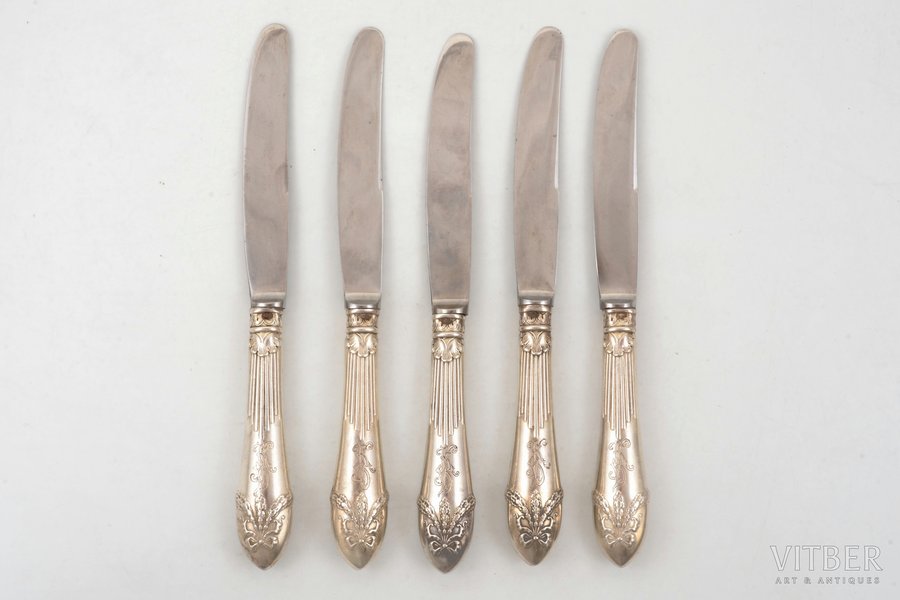 set of 5 dessert knives, silver/metal, 84 standard, hallmark HACKMAN, total weight of items 377.10 g, 19.8 cm, Wladyslav Hempel, 1908-1917, Warsaw, Russia, Poland